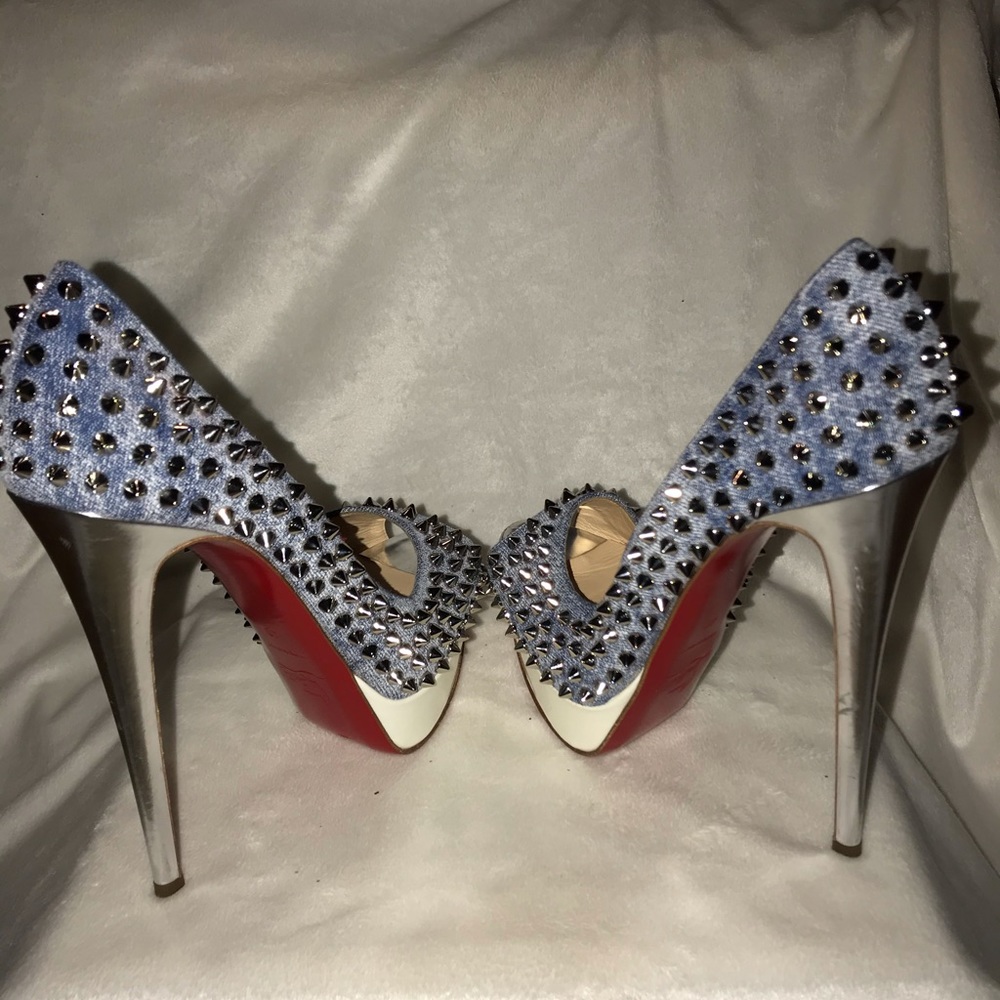 Louboutin Lady Peep Spikes Jean/Patent Pl - Picture 2 of 10